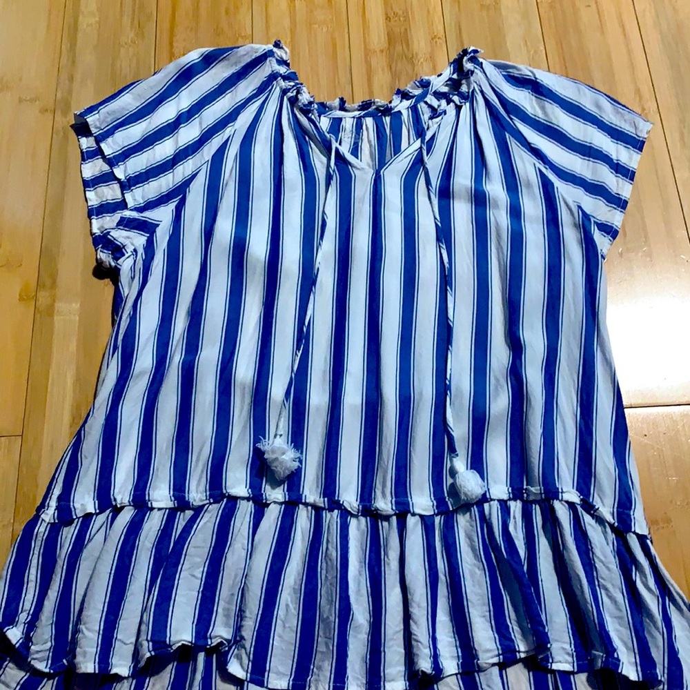 blue and white V neck blouse